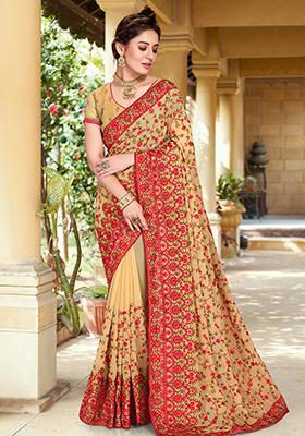 Chiku Brown Resham Embroidered Georgette Saree Set