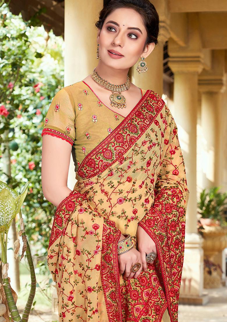 Chiku Brown Resham Embroidered Georgette Saree Set - Indya