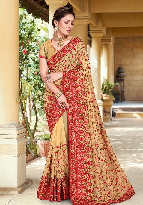 Chiku Brown Resham Embroidered Georgette Saree Set