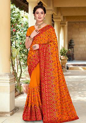 Mustard Resham Embroidered Georgette Saree Set