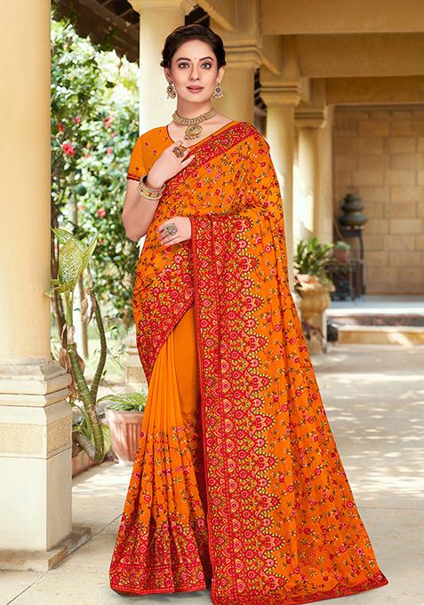 Mustard Resham Embroidered Georgette Saree Set