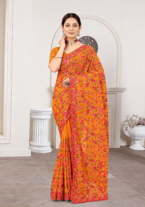 Mustard Resham Embroidered Georgette Saree Set