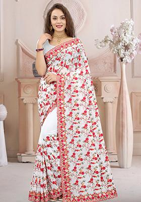 White Resham Embroidered Georgette Saree Set