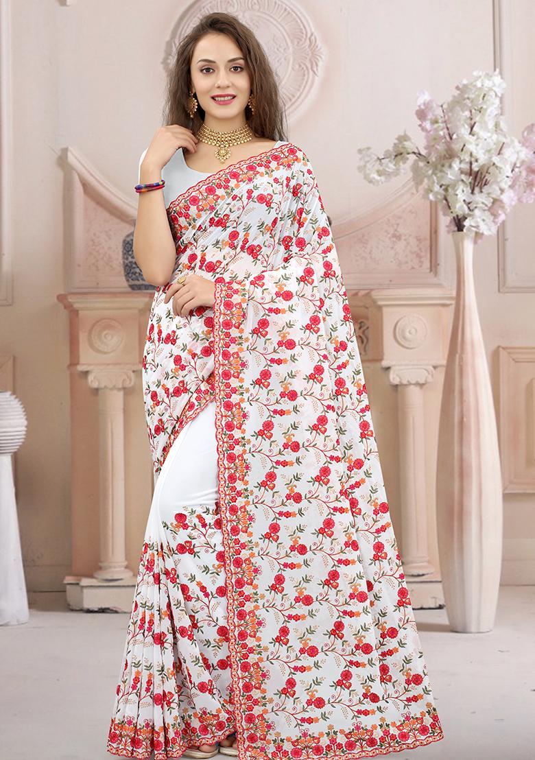 White Resham Embroidered Georgette Saree Set