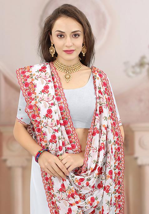 White Resham Embroidered Georgette Saree Set