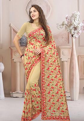 Chiku Brown Resham Embroidered Georgette Saree Set
