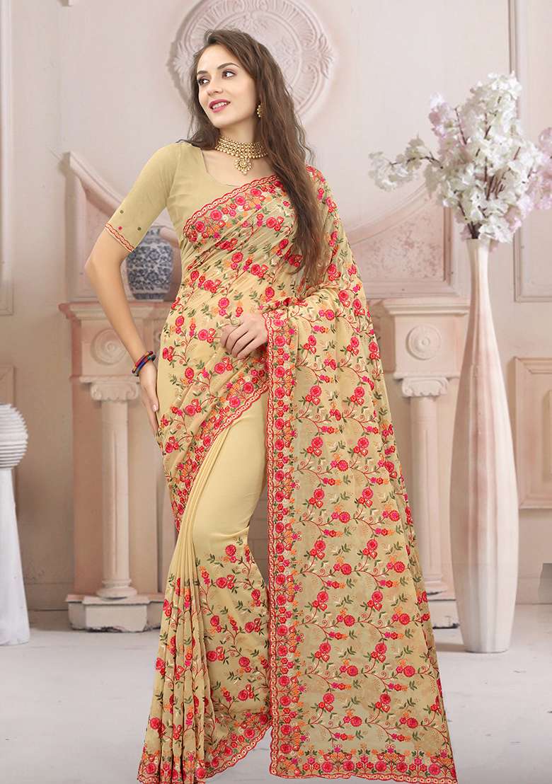 Chiku Brown Resham Embroidered Georgette Saree Set - Indya