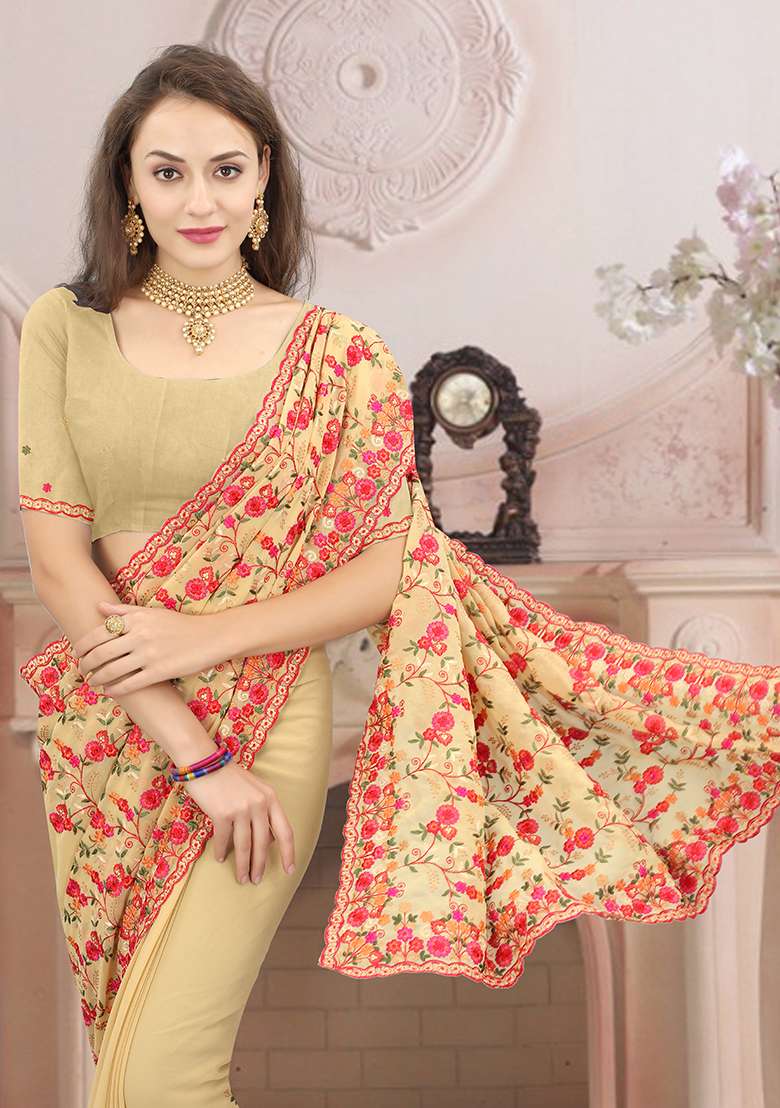 Chiku Brown Resham Embroidered Georgette Saree Set - Indya