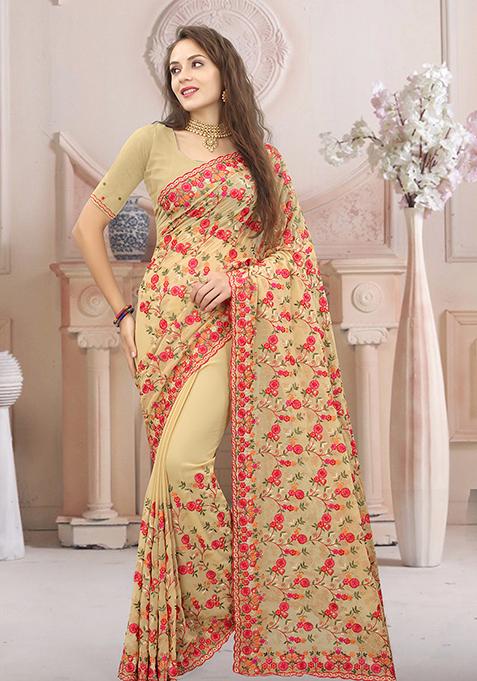 Chiku Brown Resham Embroidered Georgette Saree Set