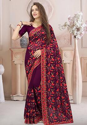 Wine Resham Embroidered Georgette Saree Set