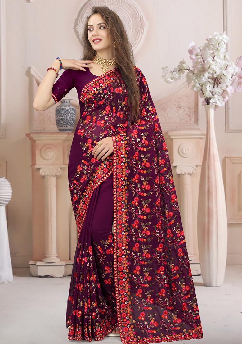 Wine Resham Embroidered Georgette Saree Set