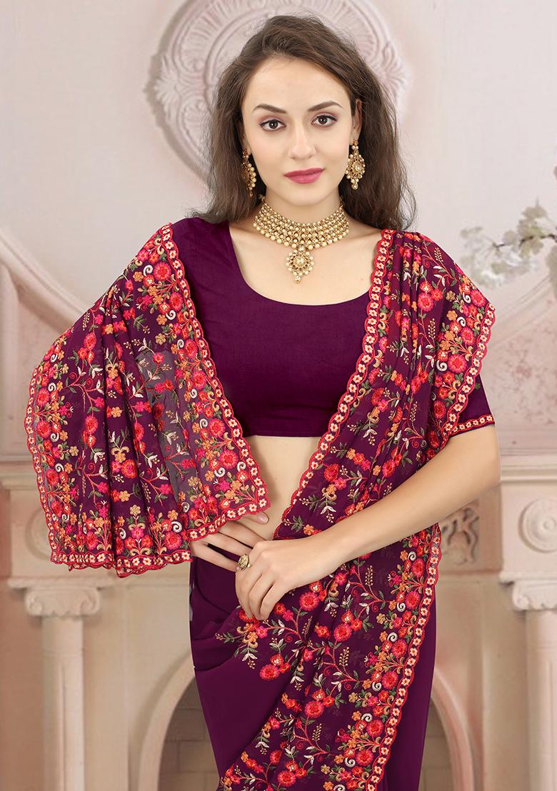Wine Resham Embroidered Georgette Saree Set