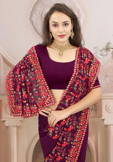 Wine Resham Embroidered Georgette Saree Set