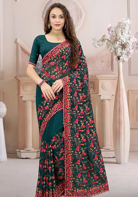 Morpeach Resham Embroidered Georgette Saree Set