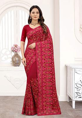 Maroon Resham Embroidered Georgette Saree Set