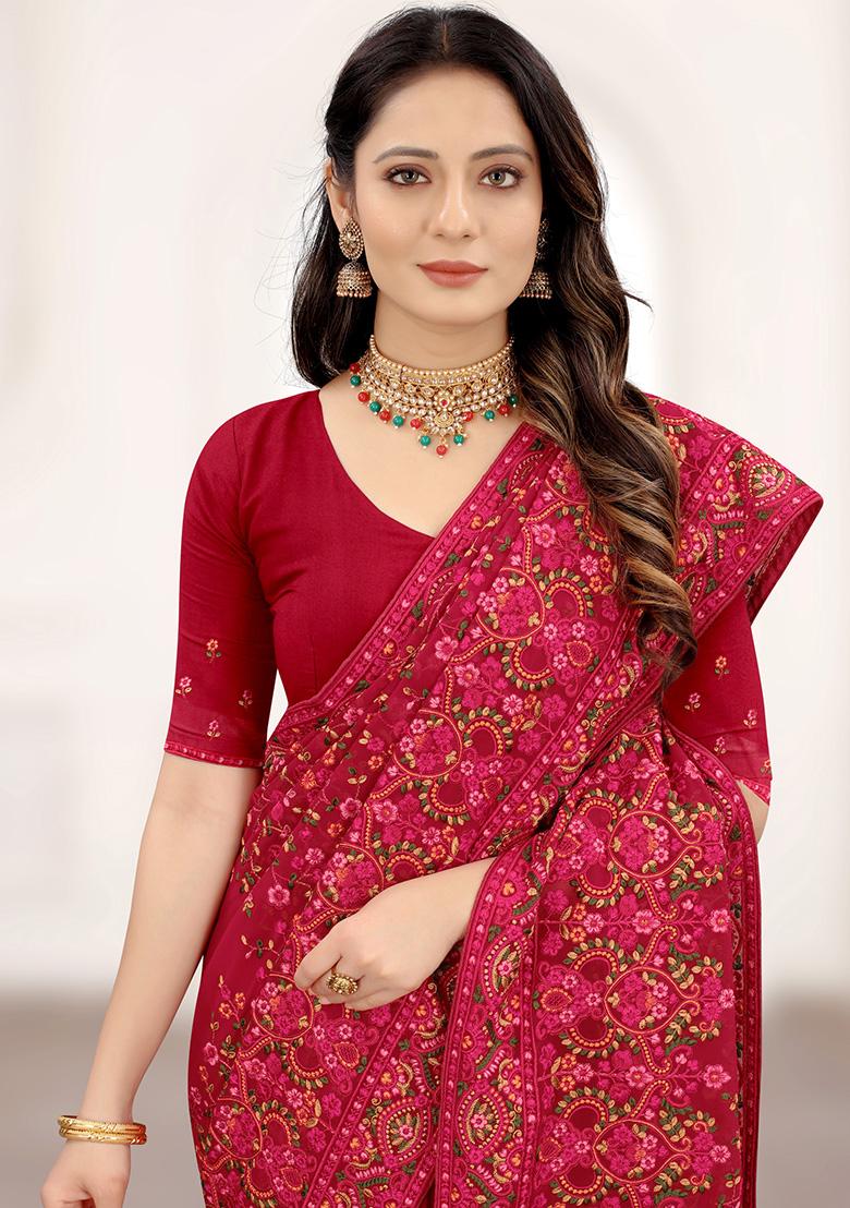 Maroon Resham Embroidered Georgette Saree Set