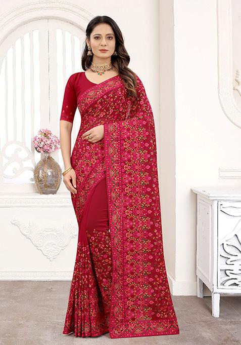 Maroon Resham Embroidered Georgette Saree Set
