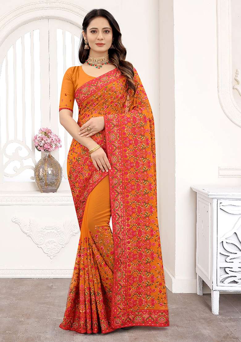 Mustard Resham Embroidered Georgette Saree Set - Indya