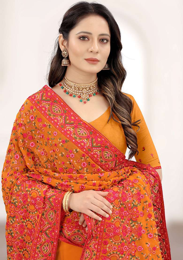 Mustard Resham Embroidered Georgette Saree Set - Indya