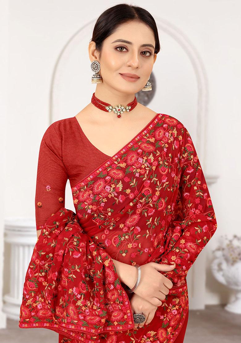 Maroon Resham Embroidered Georgette Saree Set