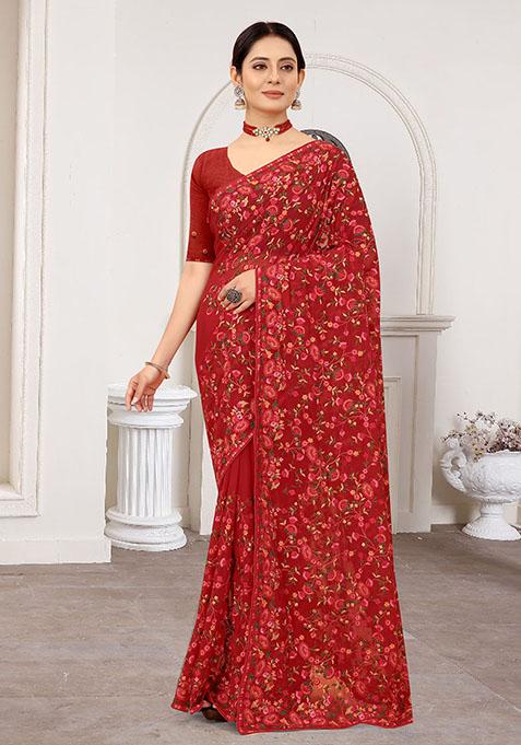 Maroon Resham Embroidered Georgette Saree Set