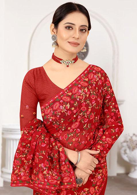 Maroon Resham Embroidered Georgette Saree Set