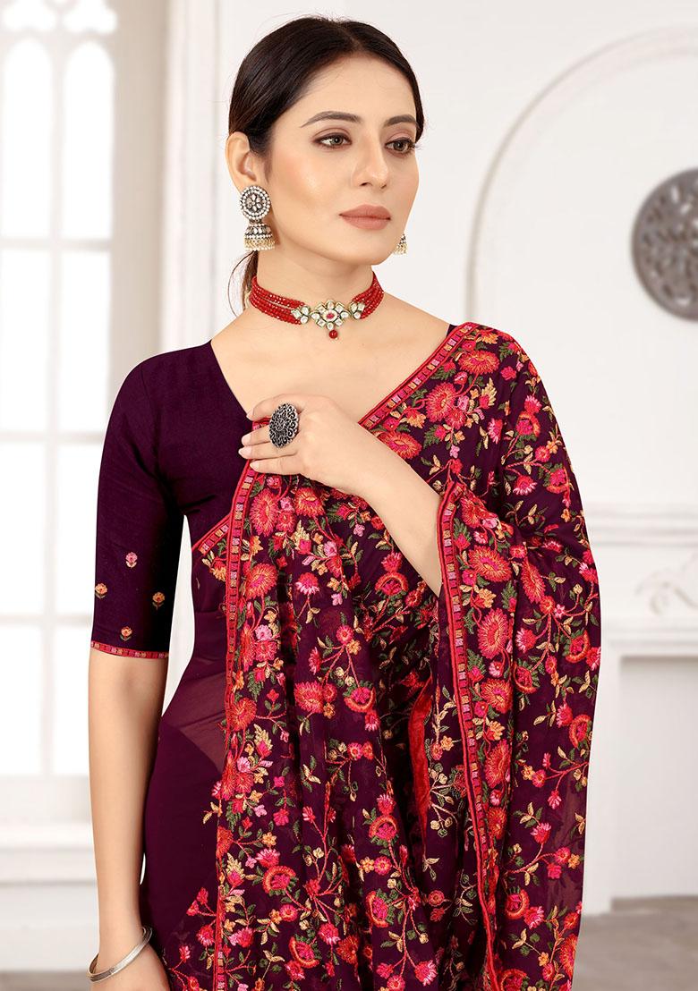 Wine Resham Embroidered Georgette Saree Set
