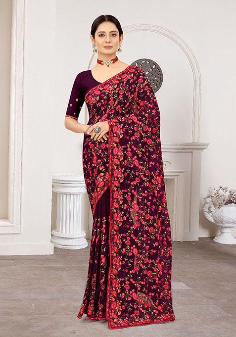 Wine Resham Embroidered Georgette Saree Set