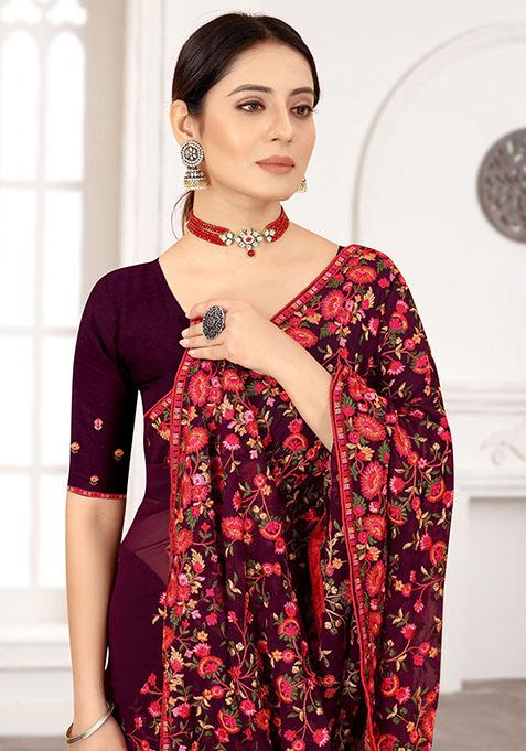 Wine Resham Embroidered Georgette Saree Set