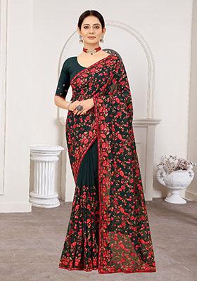 Bottle Green Resham Embroidered Georgette Saree Set