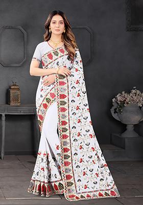 White Resham Embroidered Georgette Saree Set