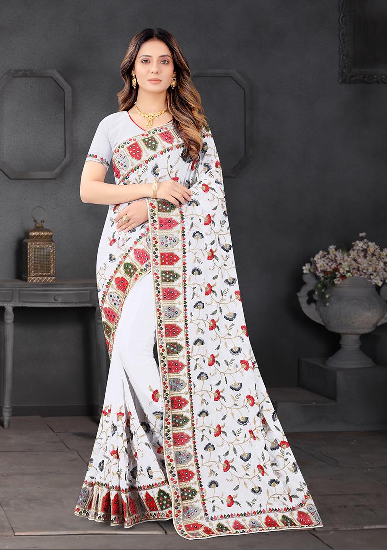 White Resham Embroidered Georgette Saree Set