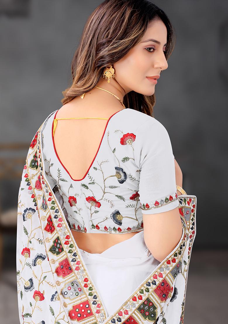 White Resham Embroidered Georgette Saree Set