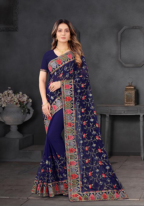 Navy Blue Resham Embroidered Georgette Saree Set