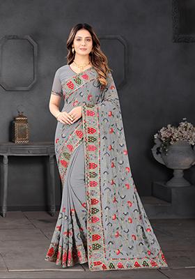 Grey Resham Embroidered Georgette Saree Set