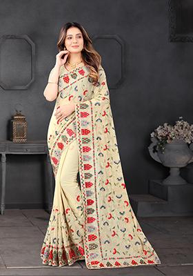 Chiku Brown Resham Embroidered Georgette Saree Set