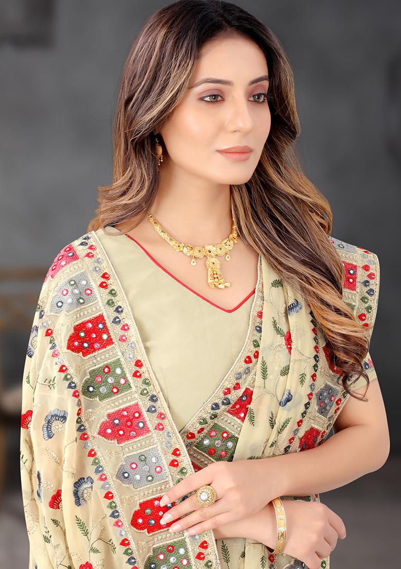 Chiku Brown Resham Embroidered Georgette Saree Set - Indya