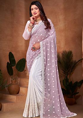 Lavender And White Resham Embroidered Georgette Saree Set