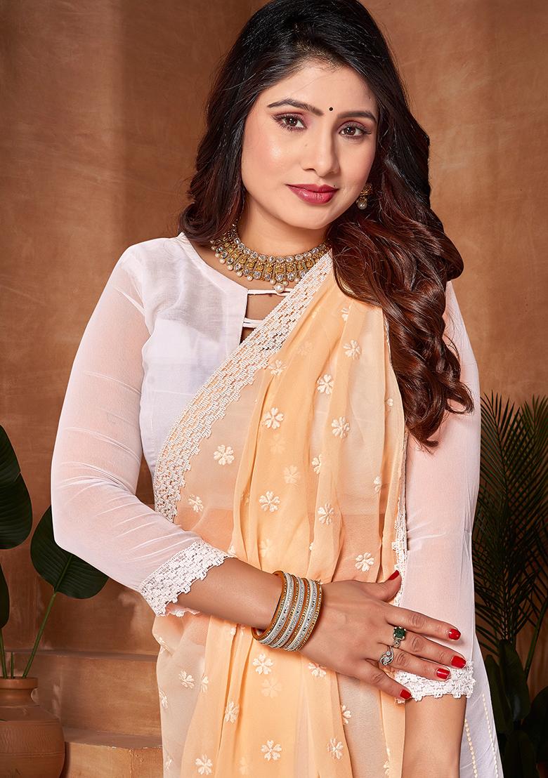 Yellow And White Resham Embroidered Georgette Saree Set