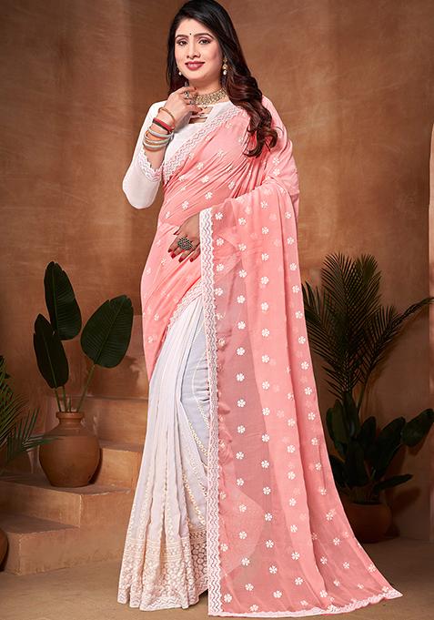 Peach And White Resham Embroidered Georgette Saree Set