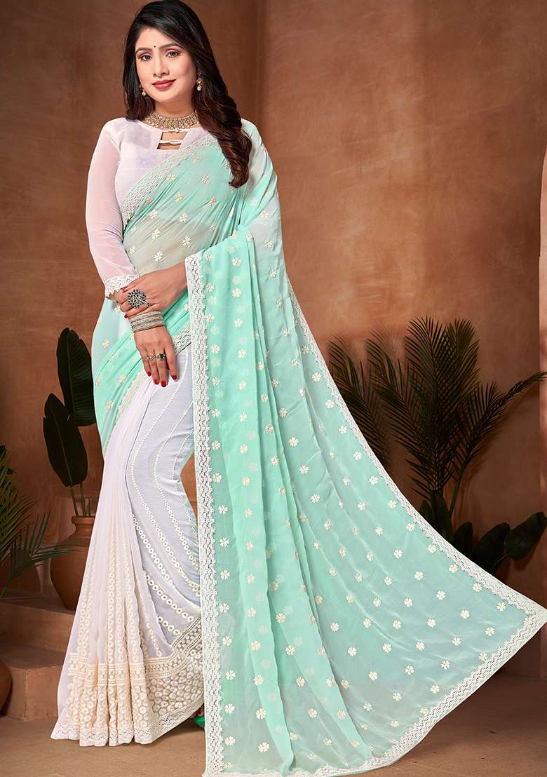 Sky Blue And White Resham Georgette Saree Set with Embroidered for Diwali | Wedding & Festive Wear - Indya