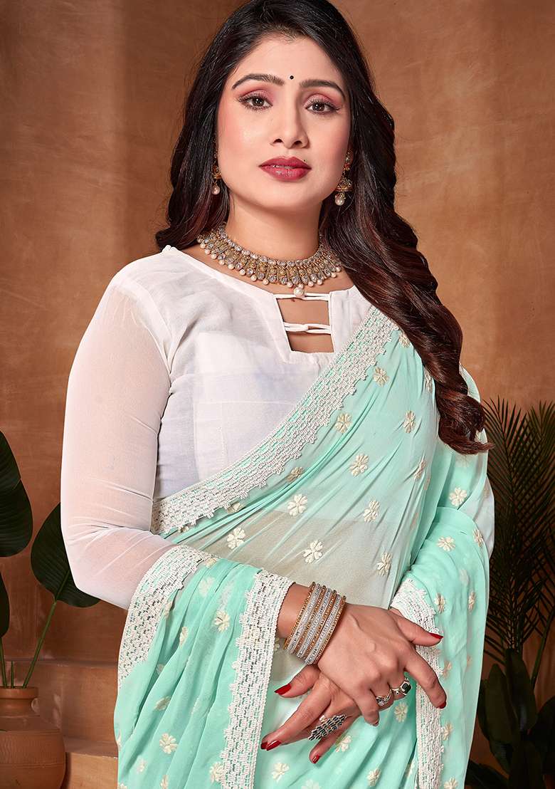 Sky Blue And White Resham Georgette Saree Set with Embroidered for Diwali | Wedding & Festive Wear - Indya