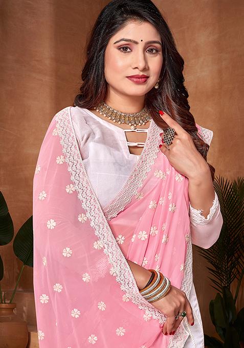 Pink And White Resham Embroidered Georgette Saree Set