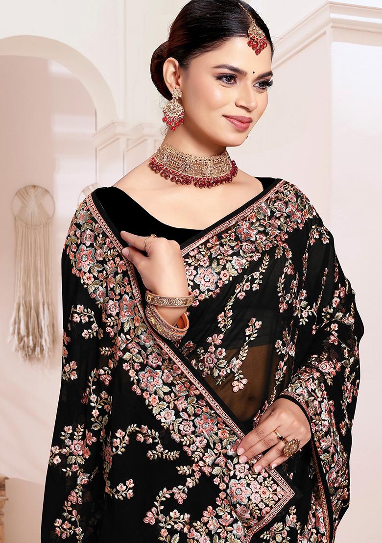 Black Resham Embroidered Georgette Saree Set - Indya