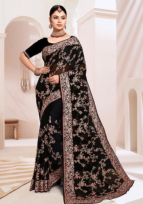 Black Resham Embroidered Georgette Saree Set