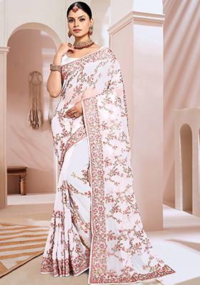 White Resham Embroidered Georgette Saree Set