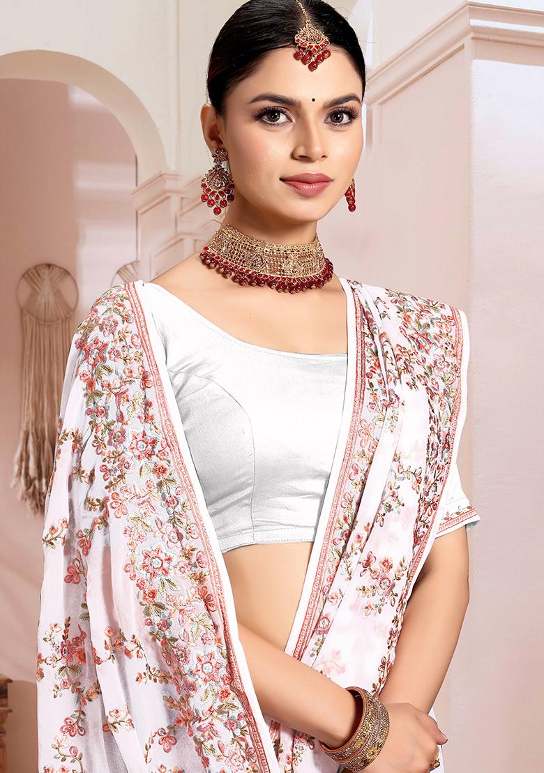 White Resham Embroidered Georgette Saree Set