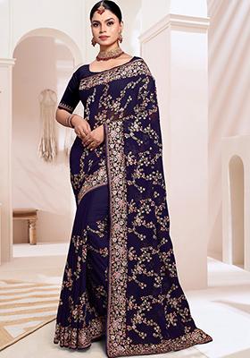 Navy Blue Resham Embroidered Georgette Saree Set