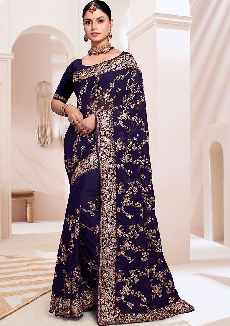 Navy Blue Resham Georgette Saree Set with Embroidered for Diwali | Wedding & Festive Wear - Indya