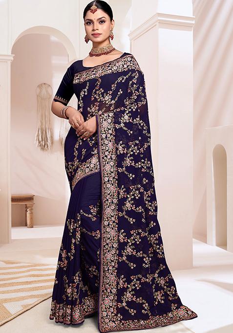 Navy Blue Resham Embroidered Georgette Saree Set